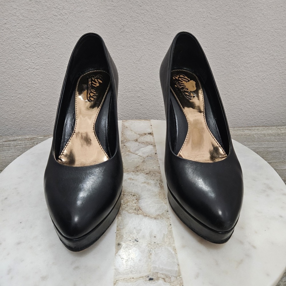 Gucci Black Leather Platform Pumps Heels Sz 37 US 7 - Picture 3 of 14
